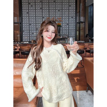 Yingci quality jade gourd new chinese style sweater for women autumn and winter chinese style lace embroidery thickened inner top off-white lace shirt l 167-175cm 115-130 catties