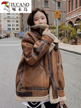 Woodpecker fur integrated 2026 new velvet thickened sherpa jacket for women autumn and winter buckskin motorcycle jacket m
