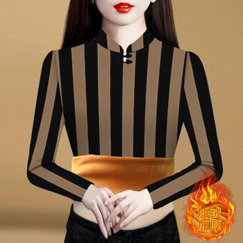 Shangtao thickened velvet half turtleneck bottoming shirt women's autumn and winter new warm slim large size long-sleeved inner t-shirt top khaki striped velvet thickened xl recommended 110-120 pounds