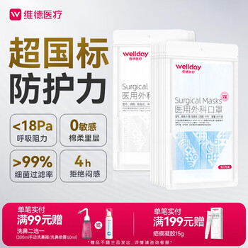 Wellday disposable medical surgical masks 200 pieces, three-layer anti-smog sterilization grade ear-hanging white + blue 10 pieces/bag*20