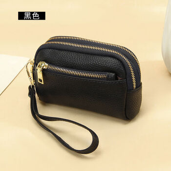 New first-layer cowhide hand-held small wallet style simple three-zipper genuine leather key bag portable women's key bag wallet black