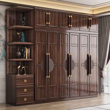 Lin yuerun's chinese-style ebony solid wood wardrobe 2025 new master bedroom clothing storage locker simple assembly wooden wardrobe popular ebony six-door wardrobe + top cabinet + cabinet with pull-out sides