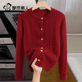 Urban beauty red sweater women's 2025 new winter twist round neck loose slimming versatile knitted sweater women's top