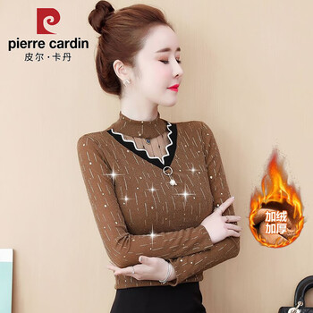 Pierre cardin autumn and winter new large size slim top women's long sleeve lace shirt thermal underwear thickened and velvet for outer wear basement khaki velvet m recommended within 100 pounds