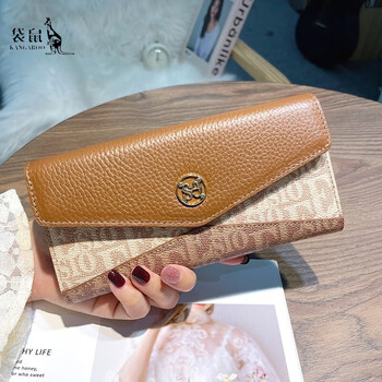 Kangaroo leather wallet 2025 new style women's european and american fashion long wallet large capacity card holder mobile phone bag coffee with earthy yellow