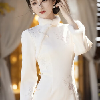 Du yanzhi's new chinese style improved winter style plus velvet and thickened trumpet sleeves to keep warm cheongsam young suede daily retro dress off-white plus velvet l 100-110 catties (height standard of 1.6 meters)