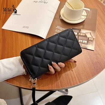 Kangaroo leather wallet women's long style new european and american fashion large capacity clutch zipper women's wallet style rhombus-black
