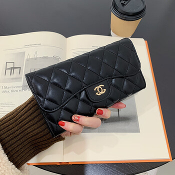 2022 new embroidery rhombus long wallet casual large capacity women's small fragrance style mini buckle coin purse card holder black long