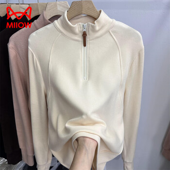 Miiow german velvet half zipper european goods 2025 new style versatile thickened half zipper high collar double-sided german velvet t-shirt for women autumn and winter off-white m