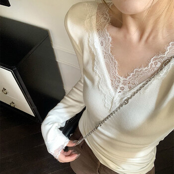 Qbily white lace bottoming shirt for women in autumn and winter new versatile slim knitted top white m