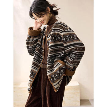 Mohan yimei fair isle jacquard lamb wool 25 new winter retro jacquard one-hand long grain velvet jacket