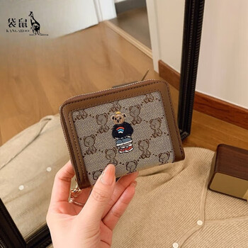 Kangaroo women's wallet 2025 new short wallet large capacity bear embroidered canvas handbag folding cartoon coin purse short style - khaki