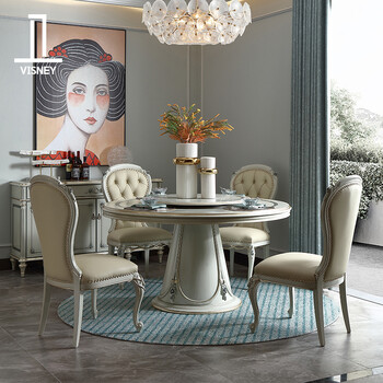Wei shili french dining table light luxury solid wood round table turntable round dining table dining table european style dining table palace style carved small apartment betis 1.35m dining table