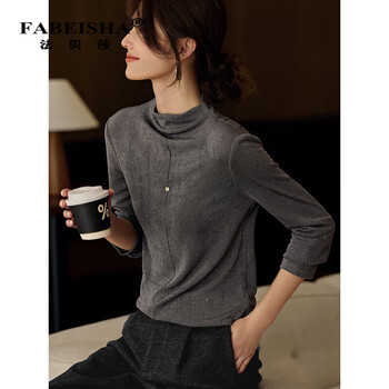 Fabersa brand elegant fine glitter bottoming shirt for women in autumn and winter new slimming half-high collar inner top for women gray xl