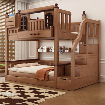 Bold solid wood children's bed, double bed, high and low bed, bunk bed, small apartment, two-tiered bed and bunk bed, cabinet ladder - double drawers - 5cm brown mat - upper bed width 150, lower bed width 150 (comes with bookshelf)