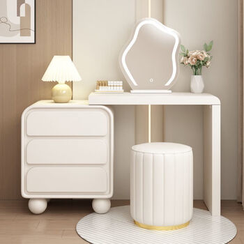 Yislunnuo all solid wood dressing table and cupboard integrated bedroom cream style dressing table bedside cupboard and dressing table integrated solid wood paint style丨30cm wide + three drawer cabinet丨 834cm table + cabinet + cloud mirror + round stool