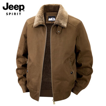 Jeep spirit genuine jeep high-end jacket men's 2025 plus velvet men's lamb velvet multi-pocket lapel cotton jacket men's workwear jacket men tx2586 coffee plus velvet jacket xl recommended 135-150 pounds