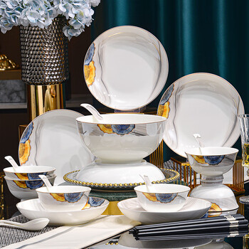 Tang hui high-end chinese bone china tableware set plate bowl set 30-head bone china tableware gilded and elegant