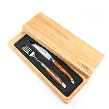 He jiagong french laguiole en aubrac wooden box handmade steak western food knife and fork golden cypress wooden knife and fork set. 1 knife 1 fork wooden box