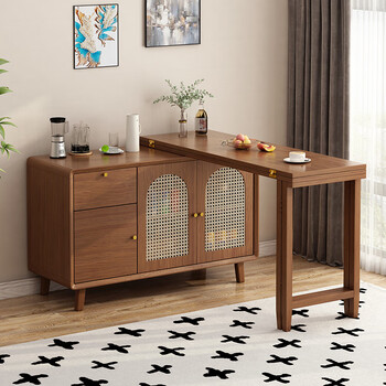 He jiagong solid wood folding dining table and sideboard integrated island chinese style small apartment home wall storage cabinet retractable dining table hq1035 walnut color - installation included