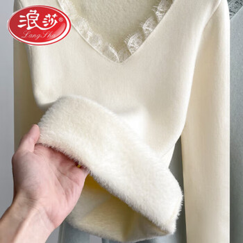 Langsha v-neck lace knitted bottoming shirt for women with velvet and thickened one-piece velvet inner wear new autumn and winter style long-sleeved top winter beige color high quality thickened 2xl recommended 125--145 catties