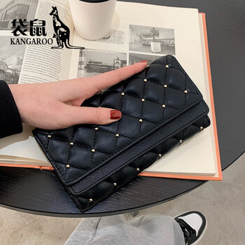 Kangaroo (kangaroo) brand luxury 2025 new diamond wallet women's long hand-held large capacity multi-card slot fashion retro texture soft black
