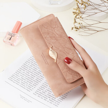 Kangaroo wallet female niche design retro simple long mobile phone bag frosted leaf ladies wallet internet celebrity new fashion pink