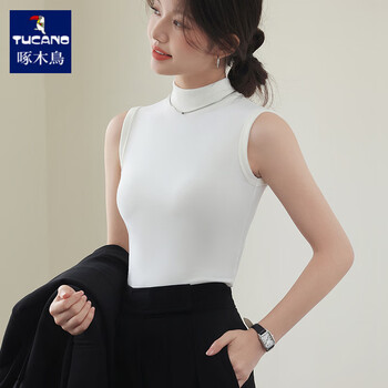 Woodpecker half turtle collar warm vest women's autumn and winter jacket plus velvet thickened sleeveless bottom shirt slim fit elastic white one piece m recommended 80-100 jin