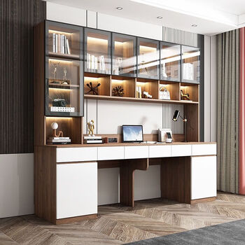 Light luxury double desk and bookcase integrated combination double study table customized wall-mounted home computer desk writing desk 130cm long (wooden cabinet door) left desk