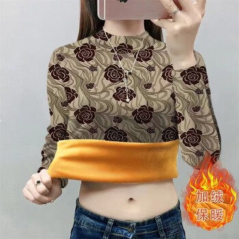 Shangtao plus velvet one-piece velvet half turtleneck bottoming shirt for women autumn and winter 2025 new slim fit inner style warm and warm mother's wear yellow flower (thick silver fox velvet) xl recommended 105-115 pounds