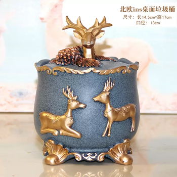 Yusenyi creative desktop trash can light luxury style high-end sense home living room office small storage bucket with lid european style nordic ins lucky deer with lid nordic ins lucky deer with lid