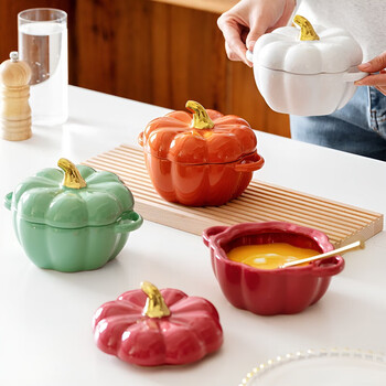 Jiaojing ceramic stew cup with lid ceramic pumpkin cup home kitchen children's soup bowl steamed egg salad bowl multifunctional tableware rice red