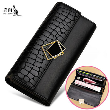 Kangaroo wallet women's long style 2025 new european and american fashion versatile exquisite genuine leather wallet handheld niche design women's bag trendy classic black (anti-theft brush)