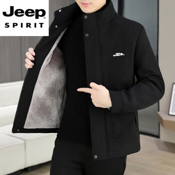 Jeep spirit high-end two-cotton jacket for men 2025 new autumn and winter velvet thickened stand-collar cotton jacket, calm and versatile cold-proof cotton jacket, black m