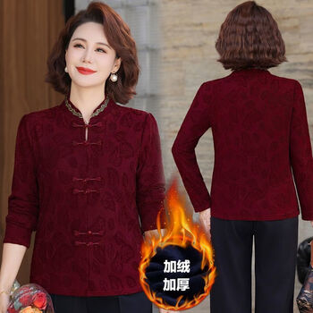 Woodpecker (tucano) new style autumn and winter velvet bottoming shirt for middle-aged and elderly women, fashionable mother-in-law jacquard t-shirt, maroon, velvet and thick xl (recommended 90-105 pounds)