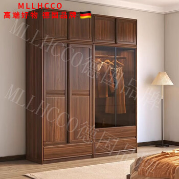 Mllhhco german brand new chinese style black walnut solid wood wardrobe simple modern bedroom storage home wardrobe glass door four-door wardrobe (glass wardrobe + solid wood wardrobe) door-to-door installation