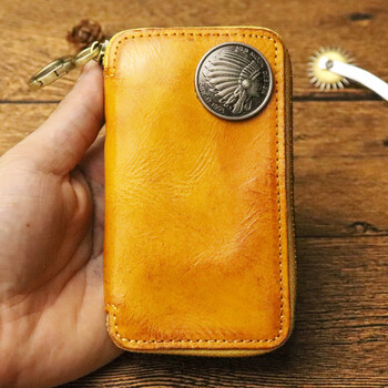 Original new vegetable tanned leather key bag men's waist hanging zipper multifunctional dual-purpose car key bag pure pickup bag yellow
