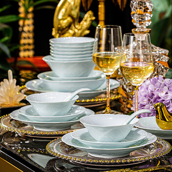 Nine cranes high-end jingdezhen celadon half-knife clay bowl and dish set for home moving and gifting, high-temperature underglaze color bowls and plates, 28-piece set of celadon underglaze color | high-end brocade box