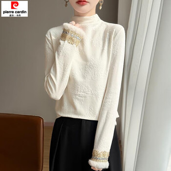 Pierre cardin new chinese style national style embroidered thickened half turtle collar bottoming shirt for women 2025 autumn and winter new style soft and waxy fashion top off-white xl 90-105 jin