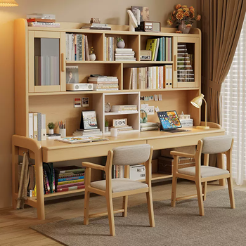 Yusenyi solid wood office desk student all desk table simple home bedroom double lift bookshelf study table solid wood color single table-lift chair x2 made of solid wood (spot ready) 160x60x190cm