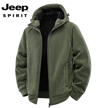 Jeep spirit lambswool fleece jacket men's winter velvet thickened warm hooded cotton jacket for young and middle-aged men 9899 military green 5xl 185-200 catties