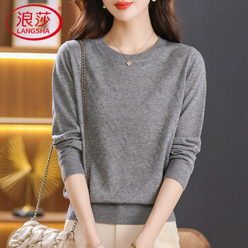 Langsha high-end low round neck solid color ultra-fine wool sweater for women in autumn and winter, versatile base sweater, loose slimming sweater, gray s