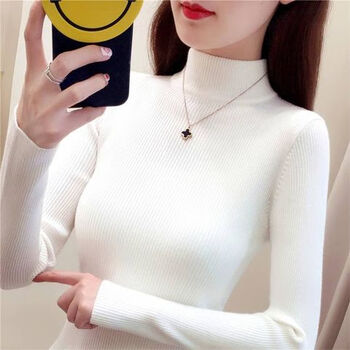 Miiow velvet thickened half-turtleneck sweater bottoming shirt for women long-sleeved autumn and winter new pullover slim tight sweater for women white without velvet s (85-105 pounds)