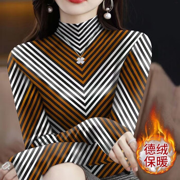 Luo dada half turtle collar plus velvet thickened bottoming shirt women's autumn and winter women's new fashion slim-fitting striped shirt top brown v strip velvet style xl recommended 110-120 jin