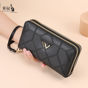 Kangaroo women's wallet long 2025 new wallet girls' diamond double-layer zipper fashionable versatile clutch wallet black regular style/thin-not durable