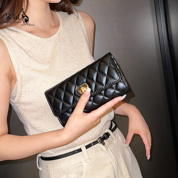 Kangaroo women's wallet fashion new large capacity clutch retro trifold diamond wallet mobile phone bag coin purse card holder classic black