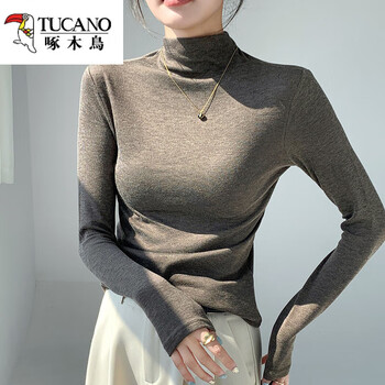 Woodpecker bottoming shirt 2025 new women's autumn and winter inner long-sleeved t-shirt brushed and velvet thickened versatile half turtleneck top brown m suitable for 80-95 pounds