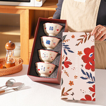 Sheli chinese-style ceramic rice bowl with blessing characters, high-looking lace 4.5-inch bowl, household tableware gift box, housewarming gift