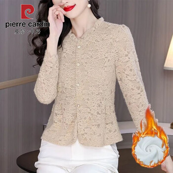 Pierre cardin plus velvet fashionable french lace women's stand-up collar bottoming shirt autumn and winter new slim fit top long-sleeved age-reducing style khaki plus velvet xl