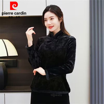 Pierre cardin internet celebrity chinese style improved cheongsam top bottoming shirt for women autumn and winter new style plus velvet to cover the flesh and look slimming shirt black l 85-100 pounds
